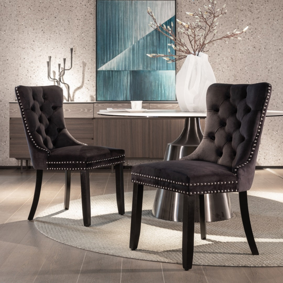 Set of 6 Black Velvet Tufted Dining Chairs with Solid Wood Legs