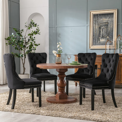 Set of 6 Black Velvet Tufted Dining Chairs with Solid Wood Legs