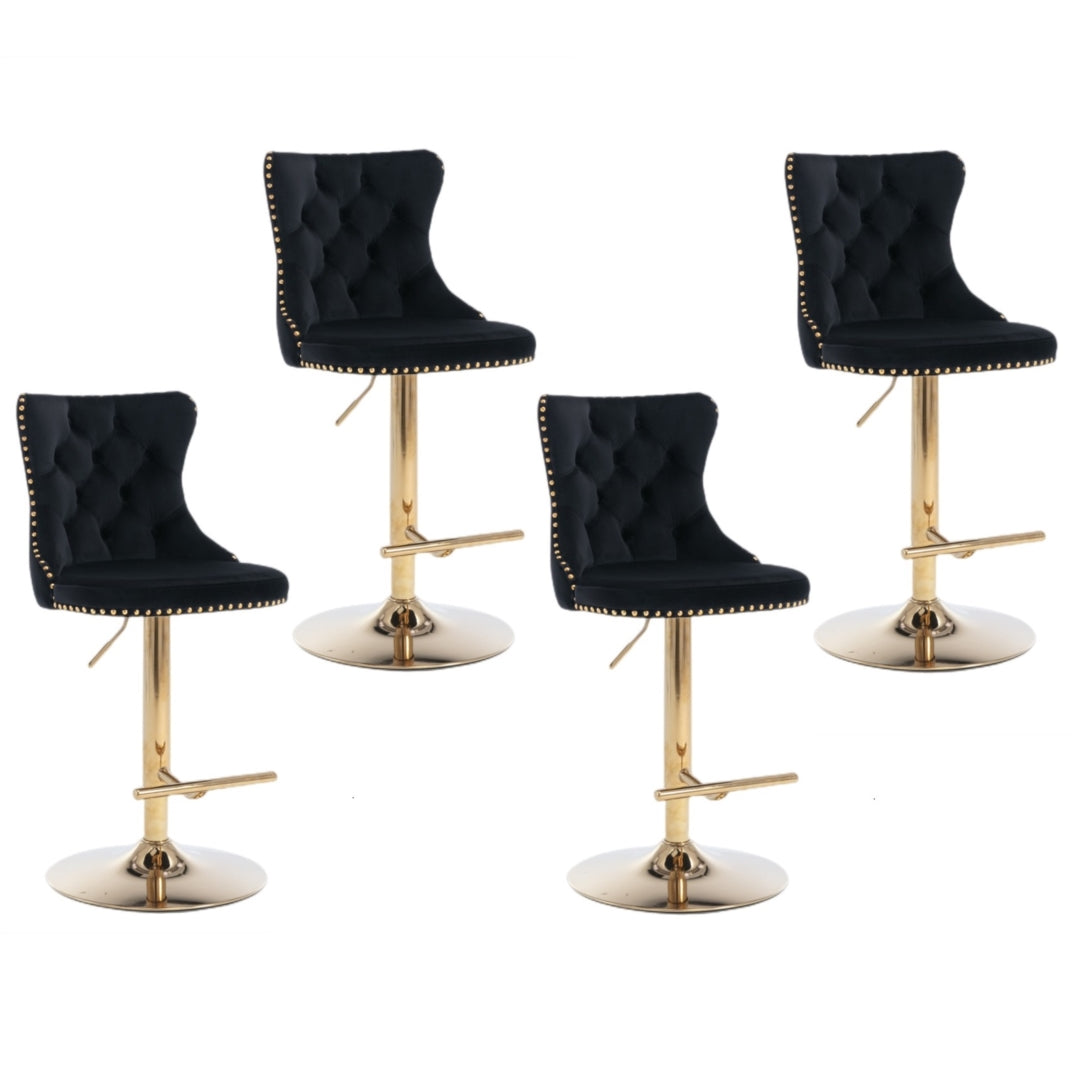 4 x Height Adjustable Black Velvet Bar Stool - Swivel with Footrest & Gold Base
