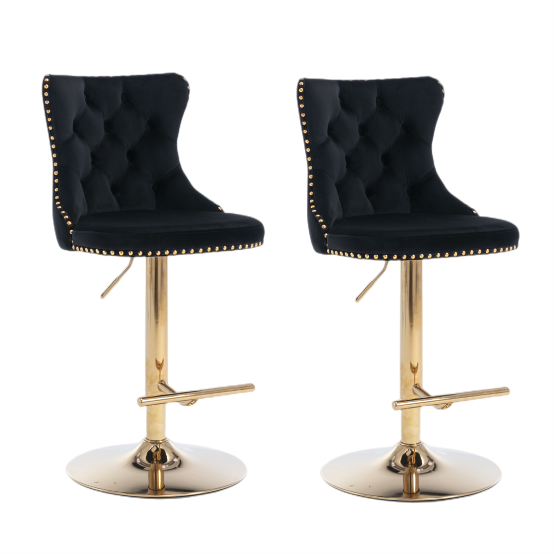 4 x Height Adjustable Black Velvet Bar Stool - Swivel with Footrest & Gold Base