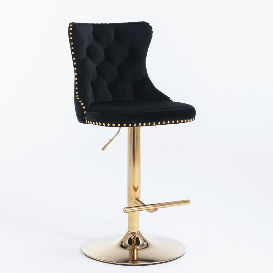 4 x Height Adjustable Black Velvet Bar Stool - Swivel with Footrest & Gold Base