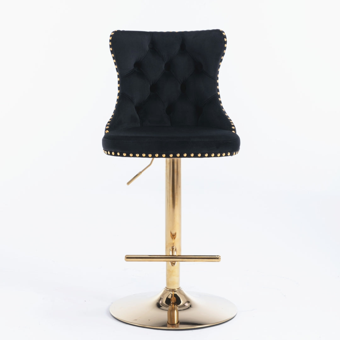 4 x Height Adjustable Black Velvet Bar Stool - Swivel with Footrest & Gold Base