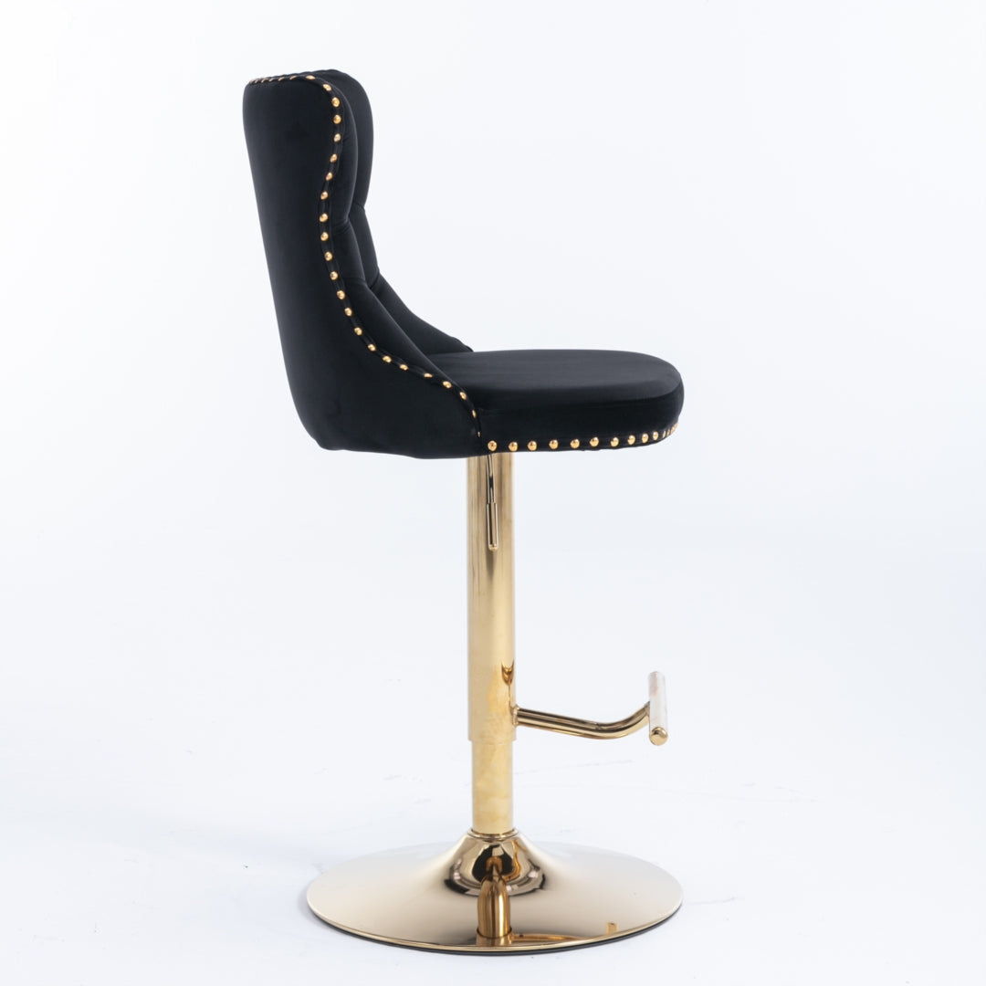 4 x Height Adjustable Black Velvet Bar Stool - Swivel with Footrest & Gold Base