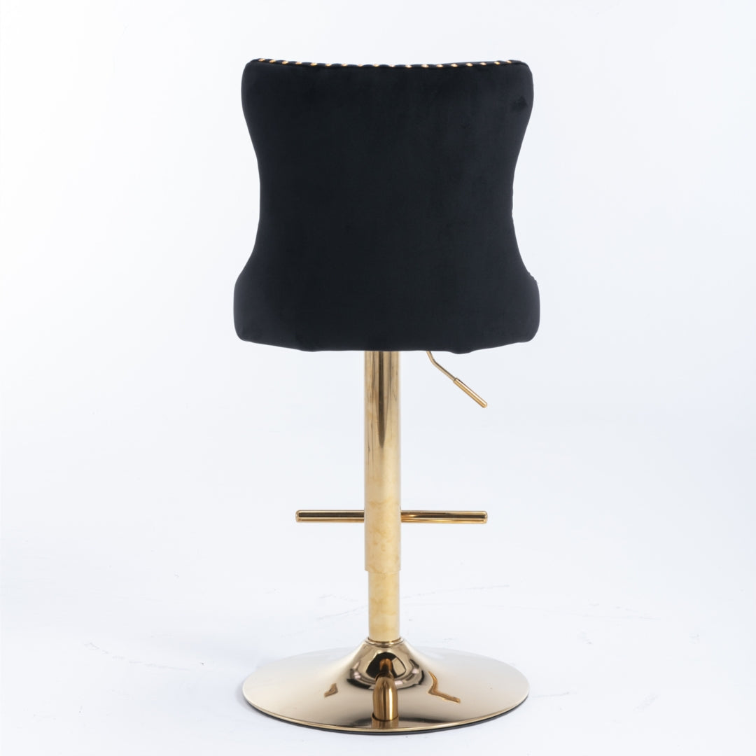 4 x Height Adjustable Black Velvet Bar Stool - Swivel with Footrest & Gold Base