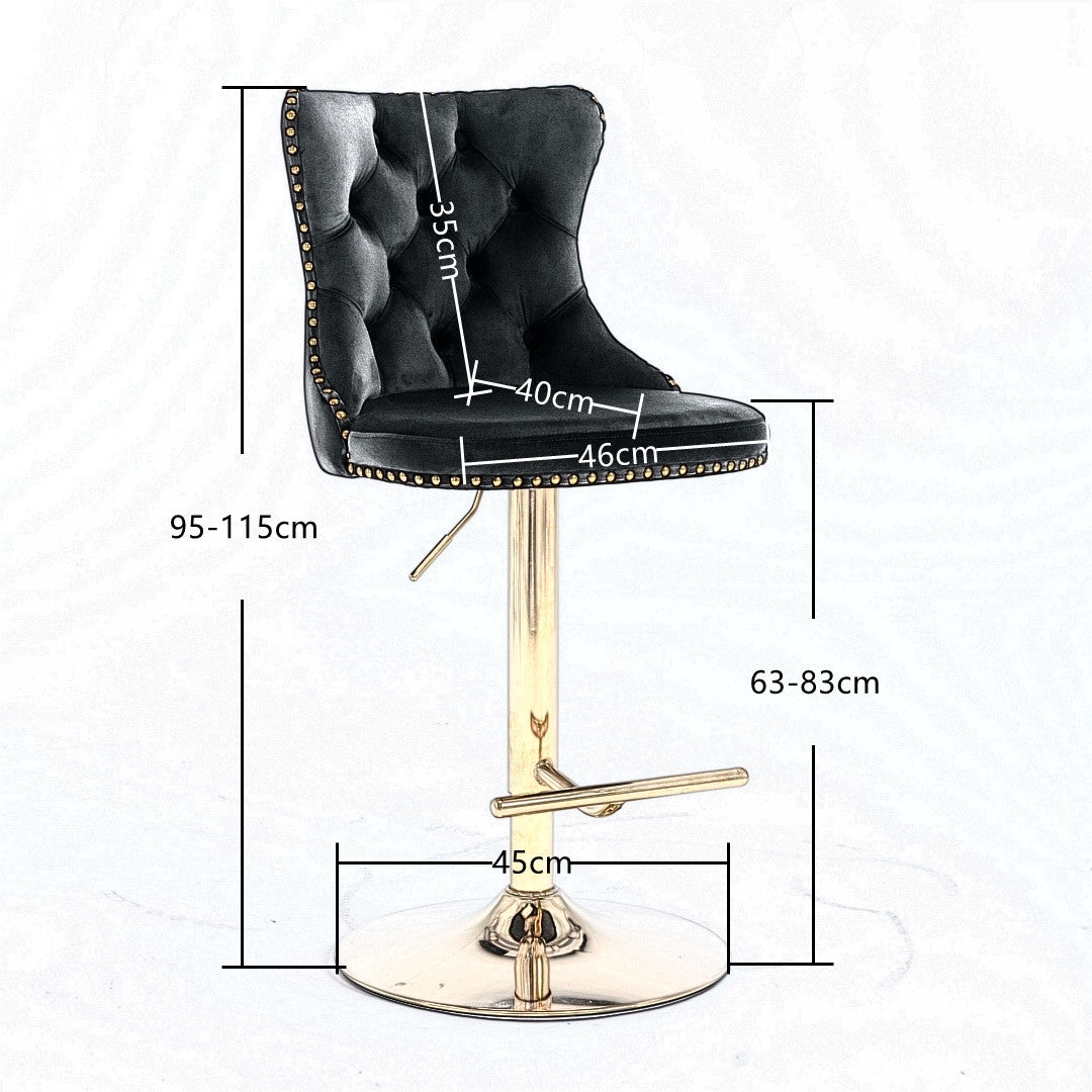 4 x Height Adjustable Black Velvet Bar Stool - Swivel with Footrest & Gold Base