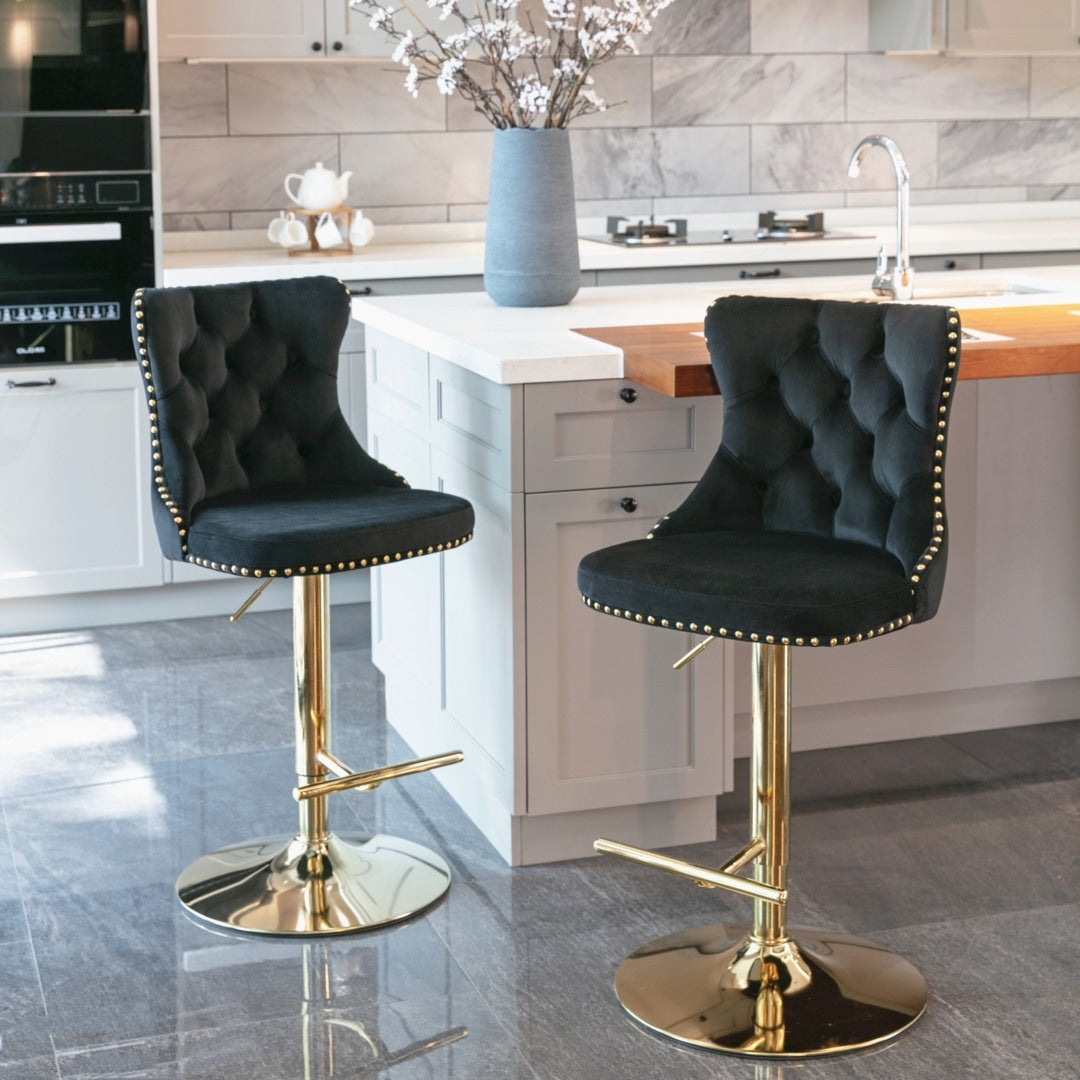 4 x Height Adjustable Black Velvet Bar Stool - Swivel with Footrest & Gold Base