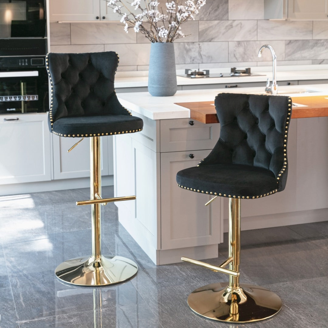 4 x Height Adjustable Black Velvet Bar Stool - Swivel with Footrest & Gold Base