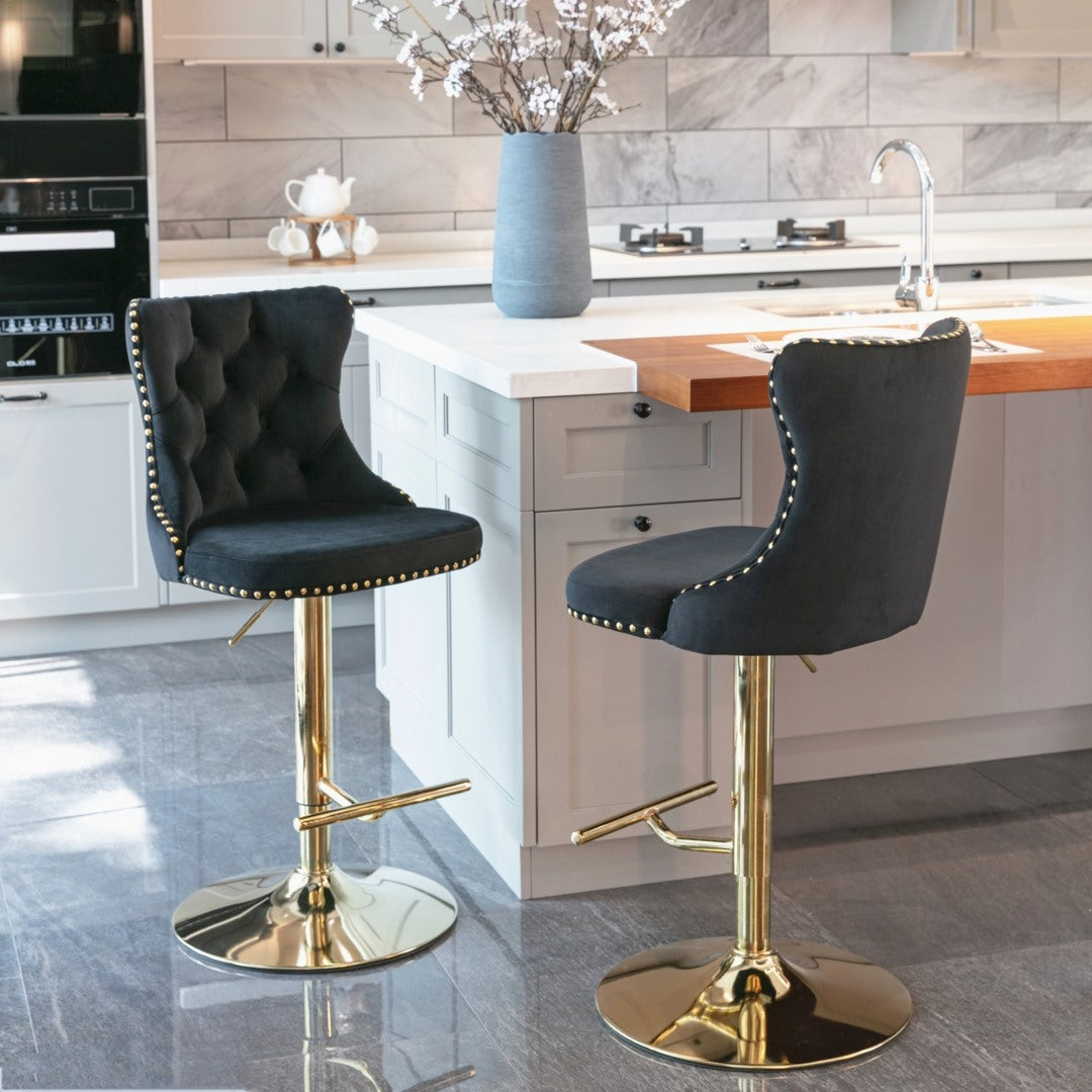 4 x Height Adjustable Black Velvet Bar Stool - Swivel with Footrest & Gold Base