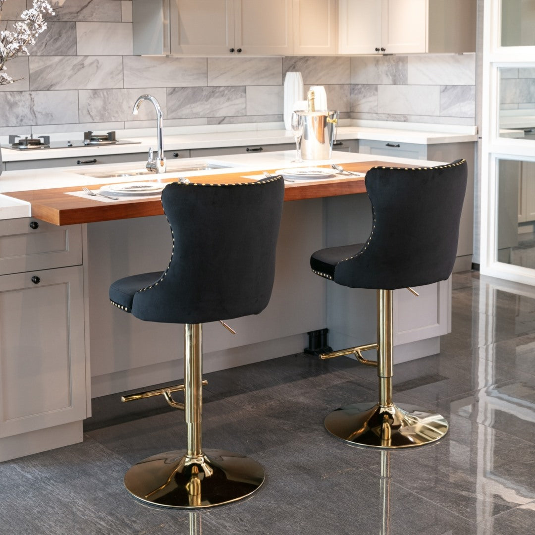 4 x Height Adjustable Black Velvet Bar Stool - Swivel with Footrest & Gold Base
