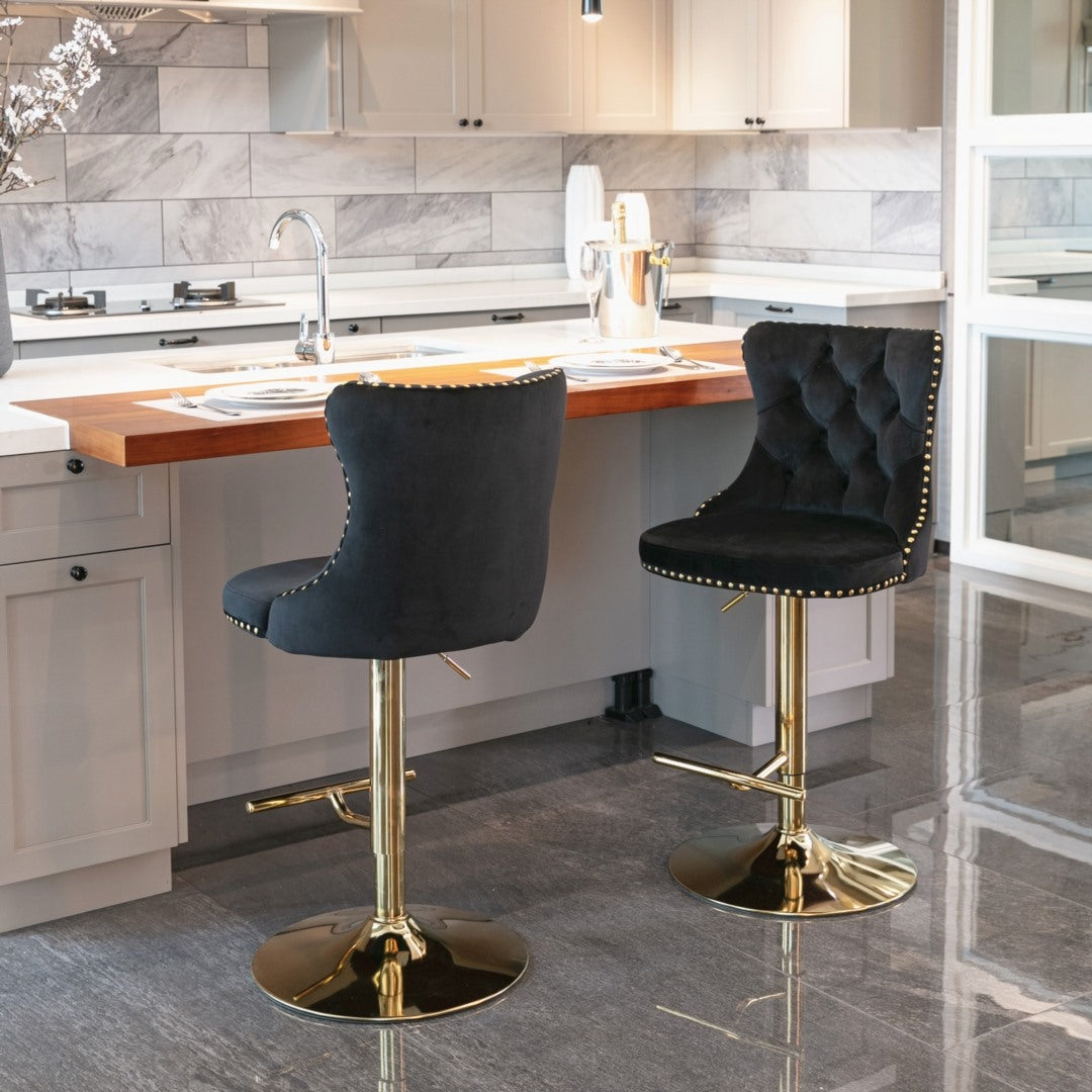 4 x Height Adjustable Black Velvet Bar Stool - Swivel with Footrest & Gold Base