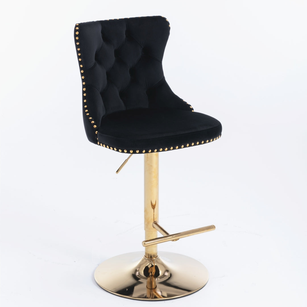 4 x Height Adjustable Black Velvet Bar Stool - Swivel with Footrest & Gold Base