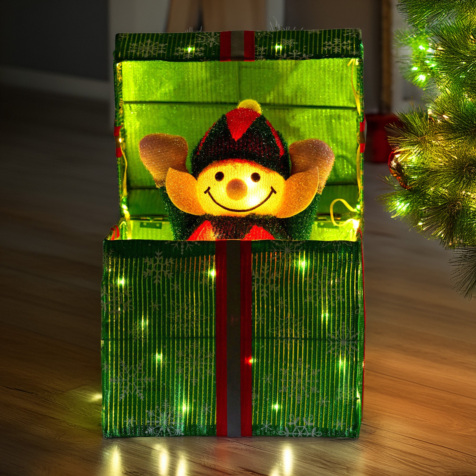 Christabelle Animated Elf in a Gift Box LED Lights Christmas Tree Decoration Ornament Xmas