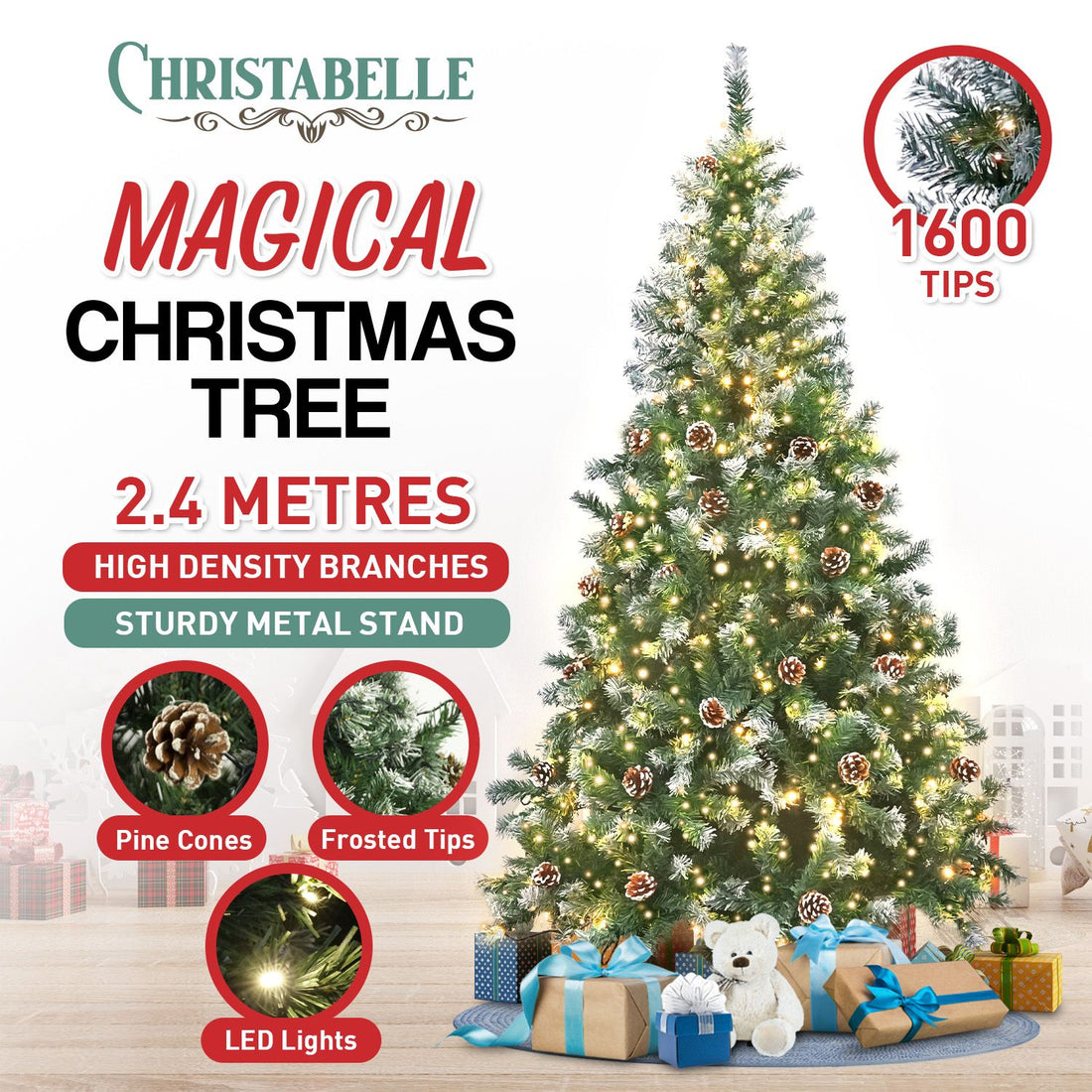 Christabelle 2.4m Pre Lit LED Christmas Tree Decor with Pine Cones Xmas Decorations
