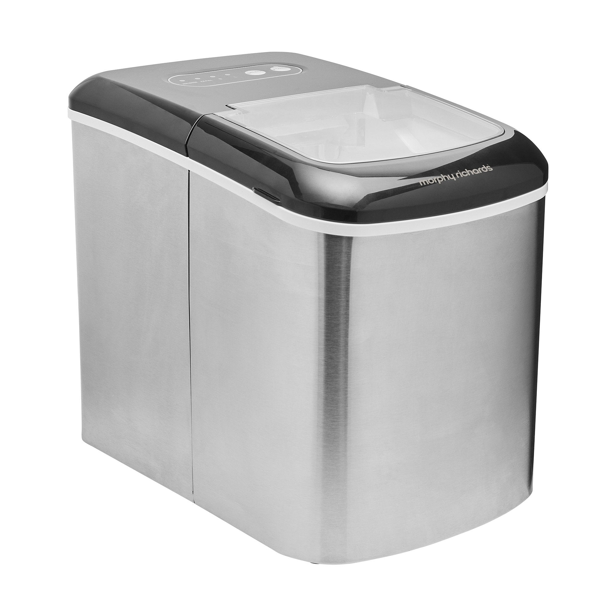 Morphy Richards Stainless Steel Ice Maker: "Morphy Richards 15kg ice maker in stainless steel, producing small or large bullet ice cubes, with a 2.1L water tank and 600g ice bin, perfect for parties and gatherings."