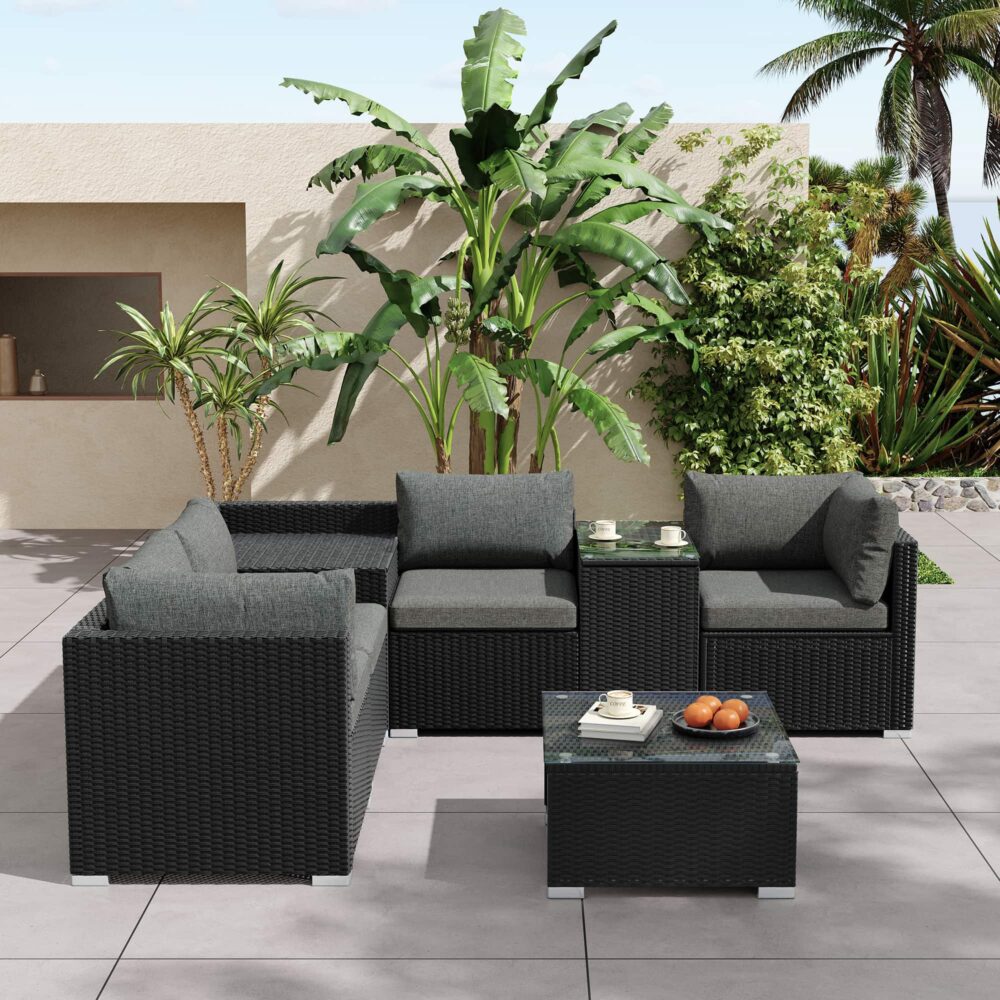 7PC Outdoor Wicker Loveseat Setting with Storage Corner (Black)