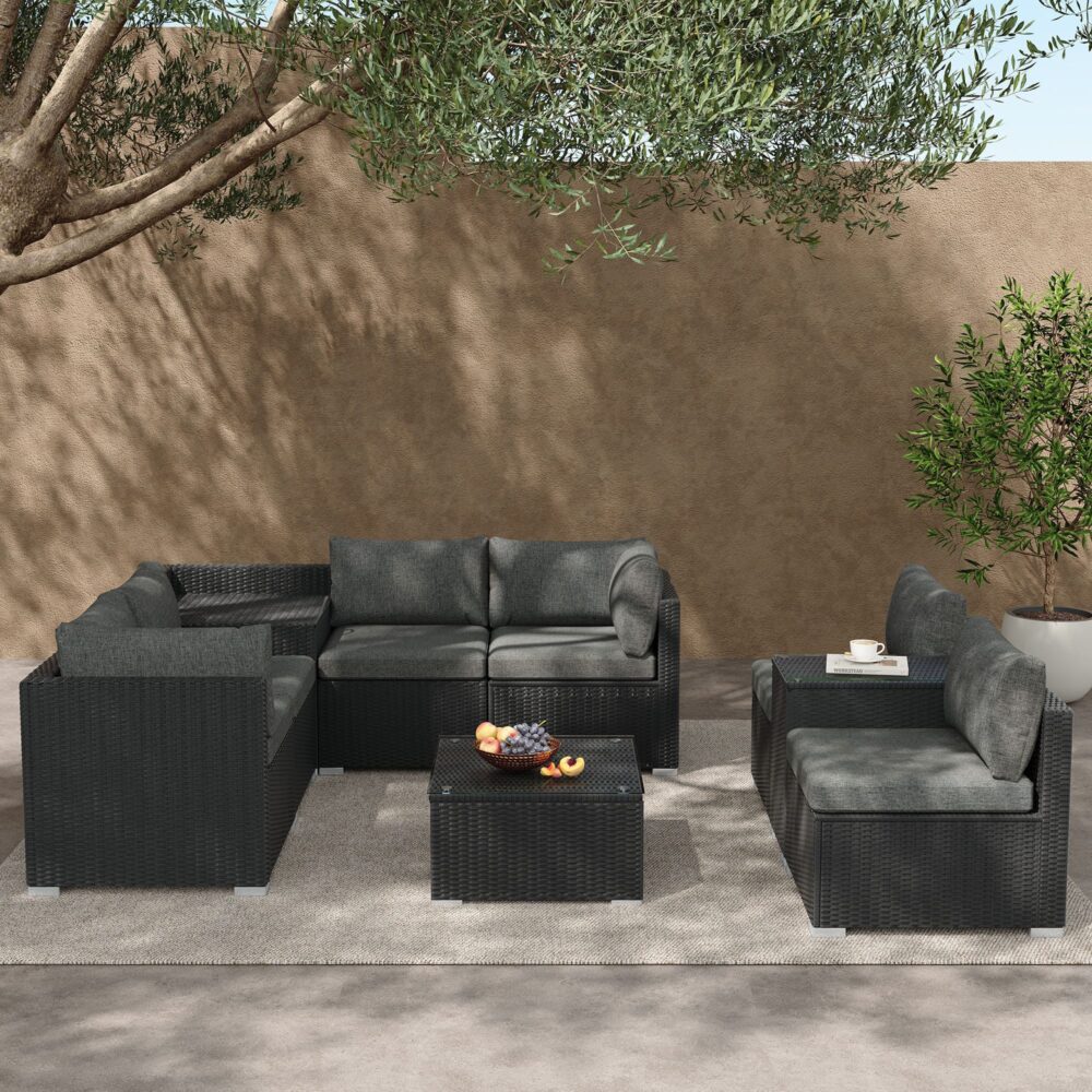 Modular Outdoor Lounge Set-9pcs Sofa and Coffee Table