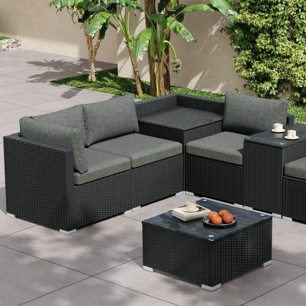 Modular Outdoor Lounge Set-9pcs Sofa and Coffee Table