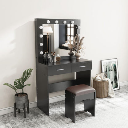 Fidel Vanity Set with Cushioned Stool and Lighted Mirror- Black