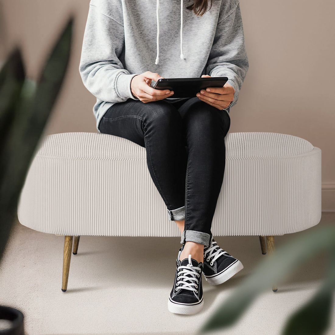 Coffee Table Storage Ottoman - Corduroy Padded Blanket Box Bench ESME CREAM