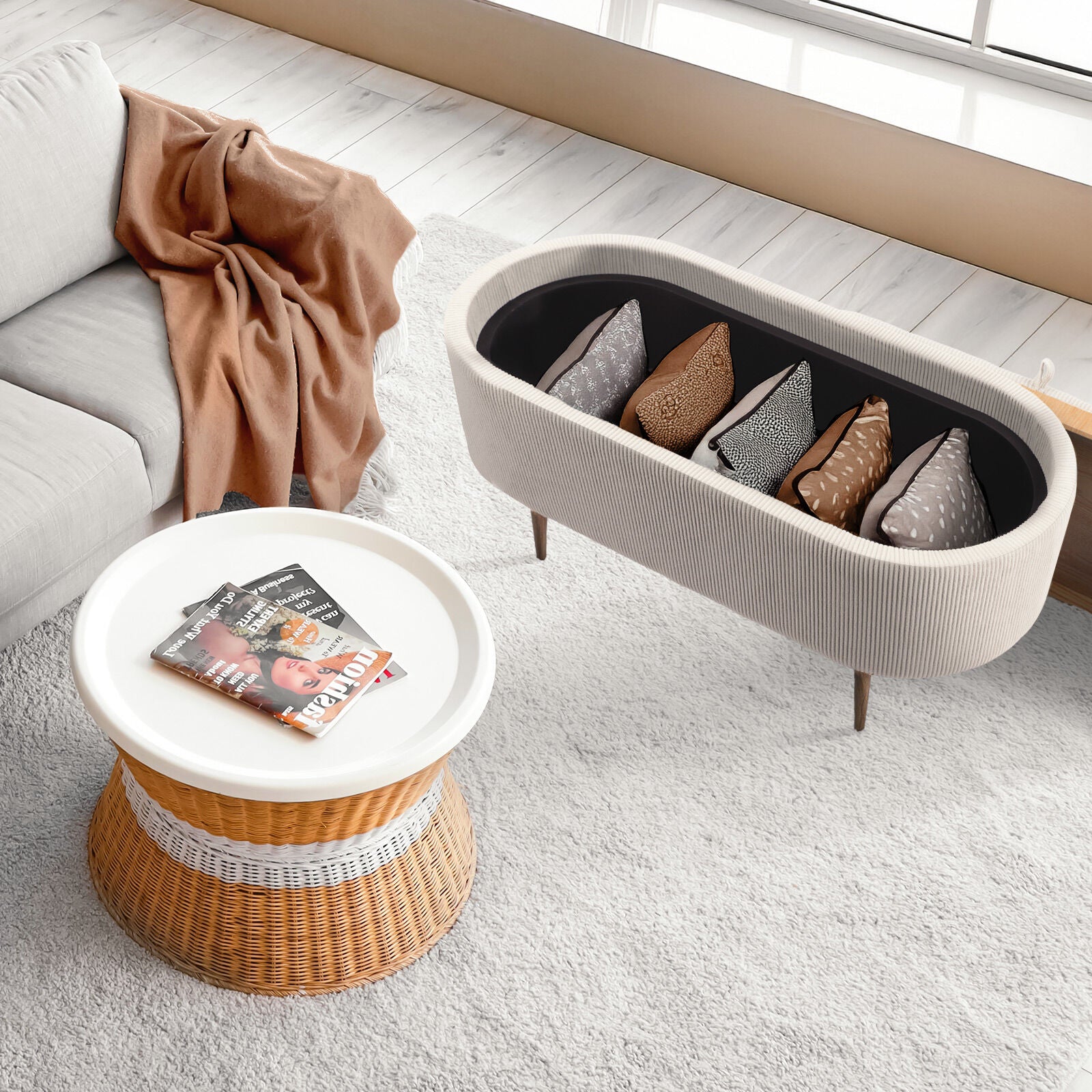 Coffee Table Storage Ottoman - Corduroy Padded Blanket Box Bench ESME CREAM