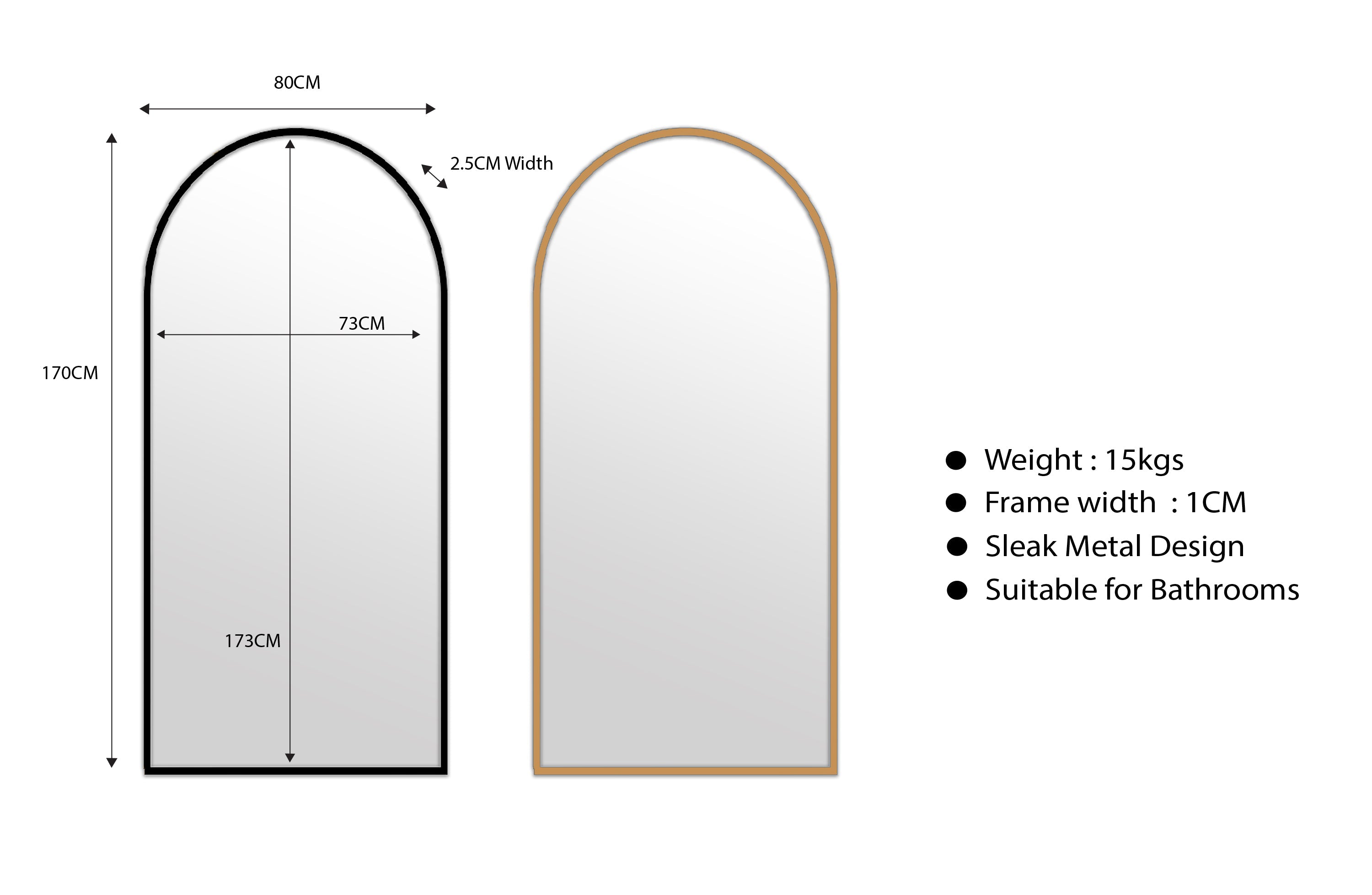 Metal Arch Mirror 80cm x 170cm - Gold