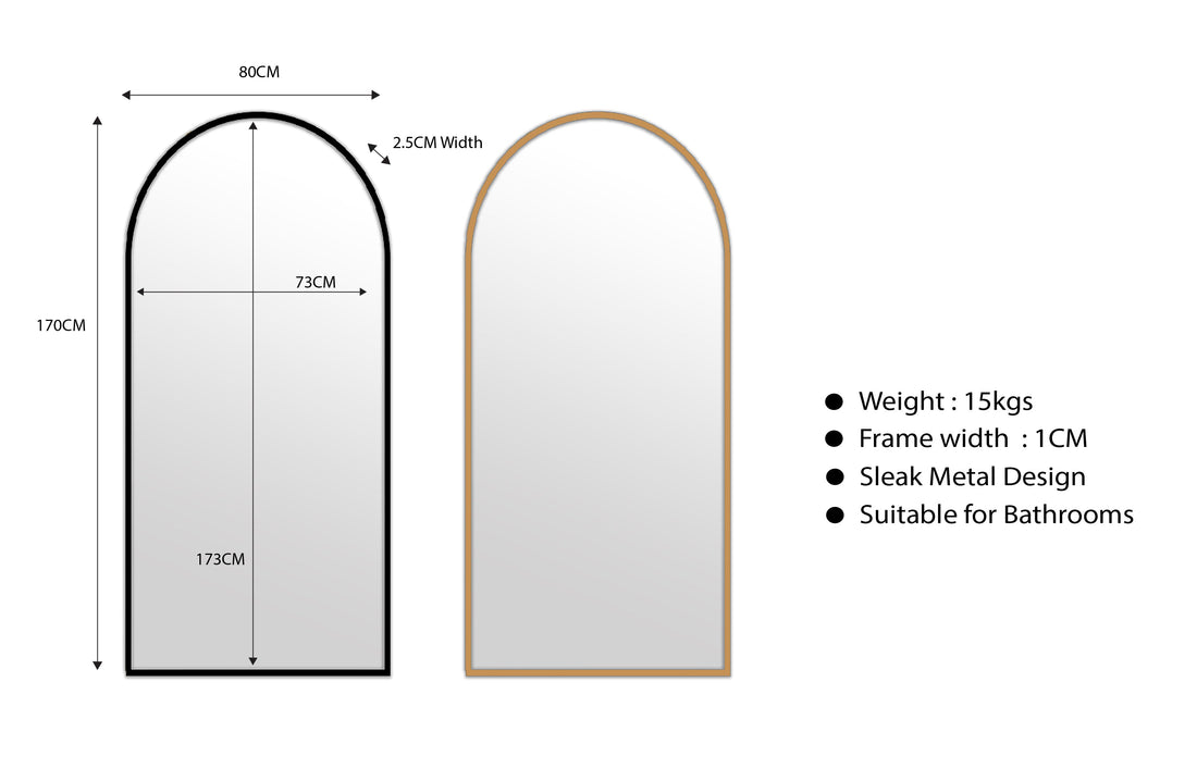 Metal Arch Mirror 80cm x 170cm - Gold