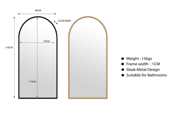Metal Arch Mirror 80cm x 170cm - Gold