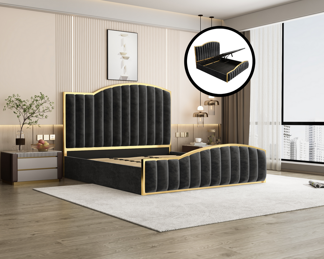 King Size Luxury Bedframe with Gas Lift Storage – Charcoal Velvet & Golden Trim