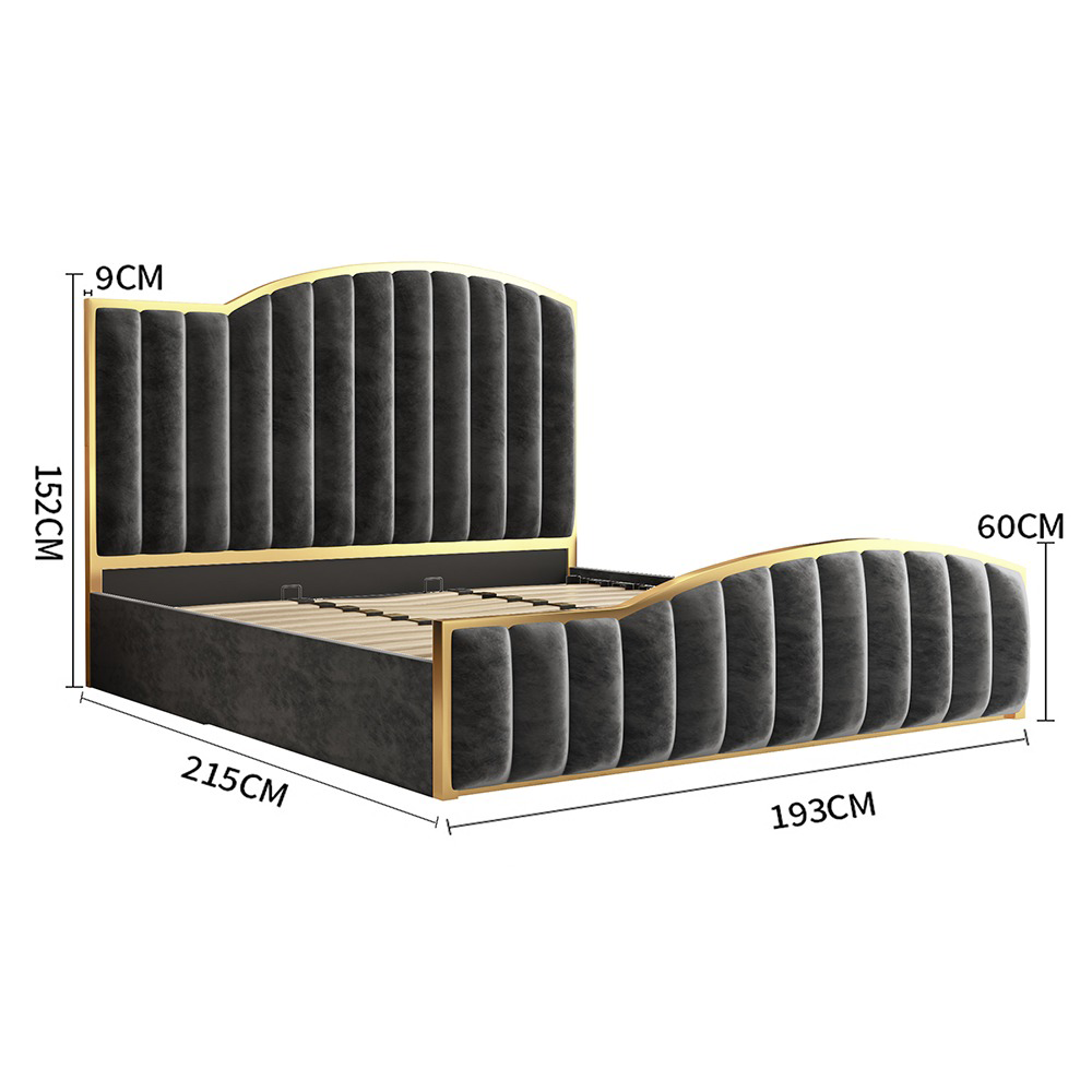 King Size Luxury Bedframe with Gas Lift Storage – Charcoal Velvet & Golden Trim