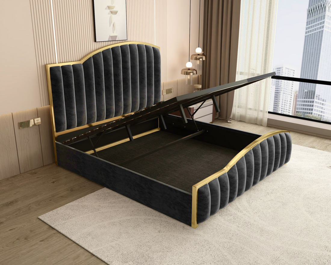 King Size Luxury Bedframe with Gas Lift Storage – Charcoal Velvet & Golden Trim