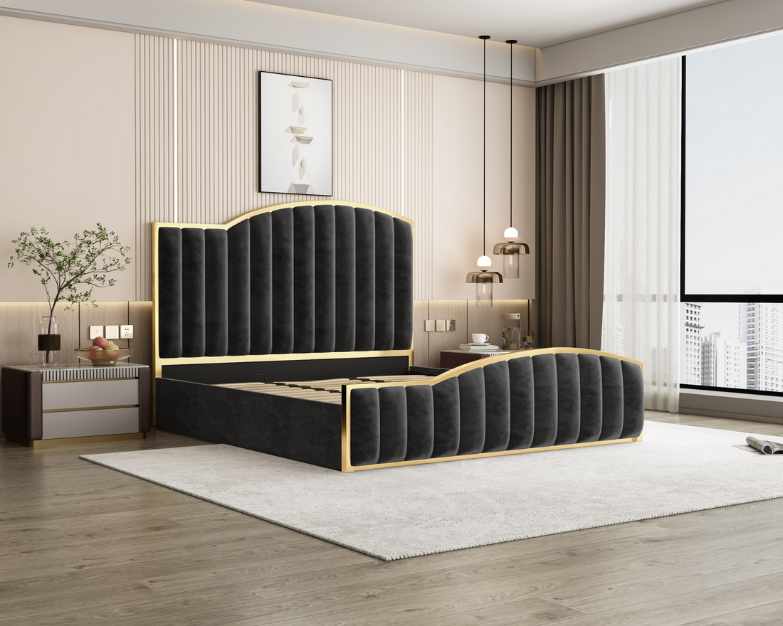 King Size Luxury Bedframe with Gas Lift Storage – Charcoal Velvet & Golden Trim