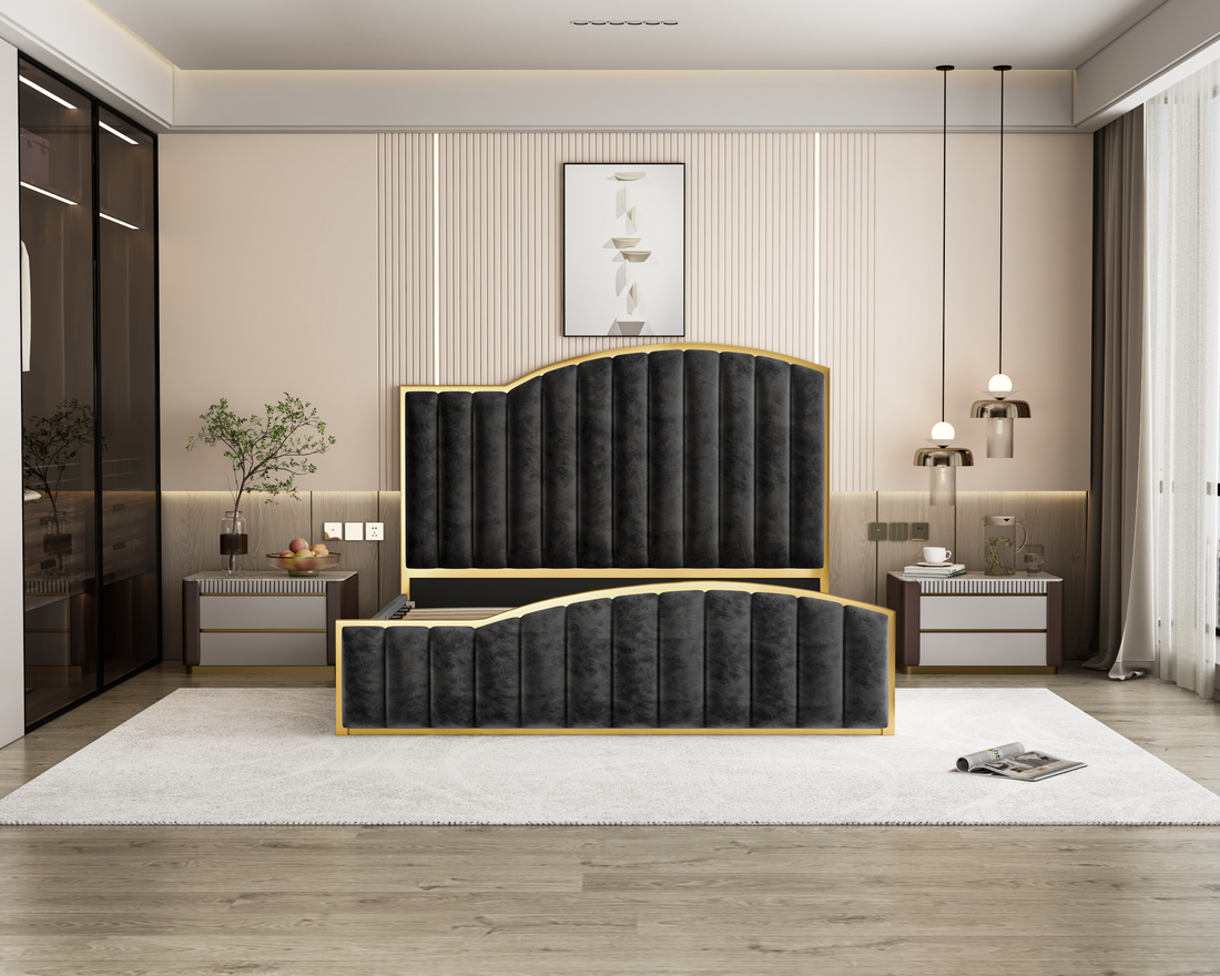 King Size Luxury Bedframe with Gas Lift Storage – Charcoal Velvet & Golden Trim