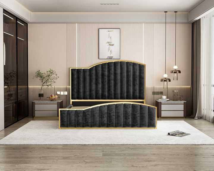 King Size Luxury Bedframe with Gas Lift Storage – Charcoal Velvet & Golden Trim