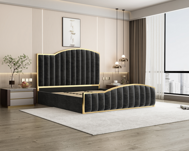Elegant King Bedframe Charcoal Velvet Fabric with Gas Lift Storage and Golden Trim