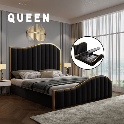 Queen Size Luxury Black Velvet Bed Frame with Golden Metal Trim and Storage