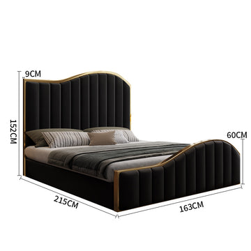 Queen Size Luxury Black Velvet Bed Frame with Golden Metal Trim and Storage