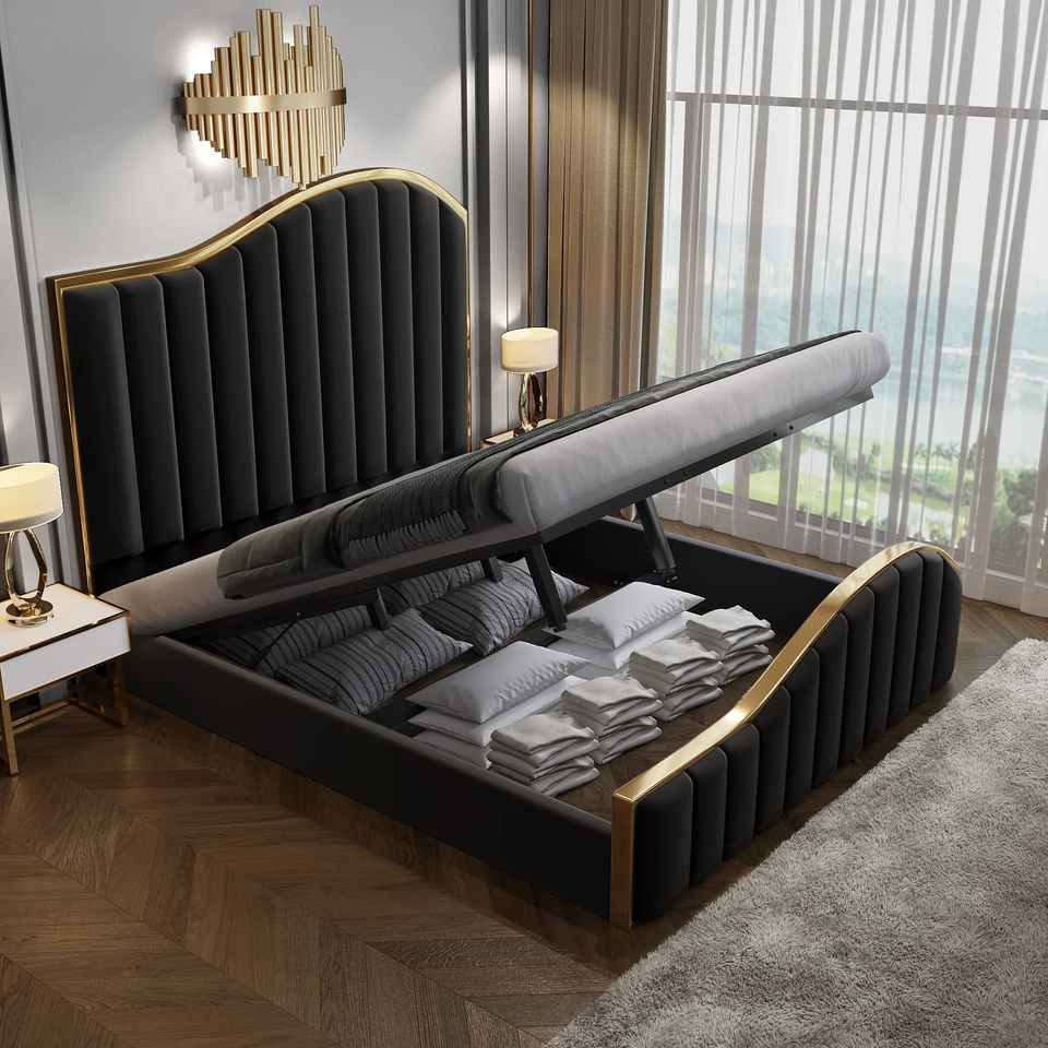 Queen Size Luxury Black Velvet Bed Frame with Golden Metal Trim and Storage