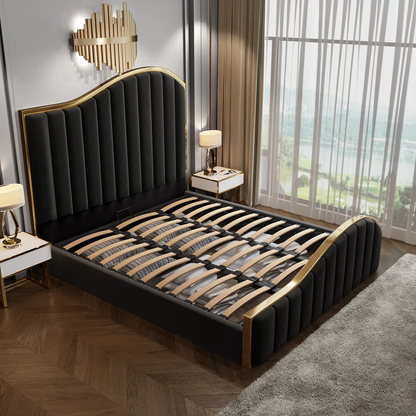 Queen Size Luxury Black Velvet Bed Frame with Golden Metal Trim and Storage