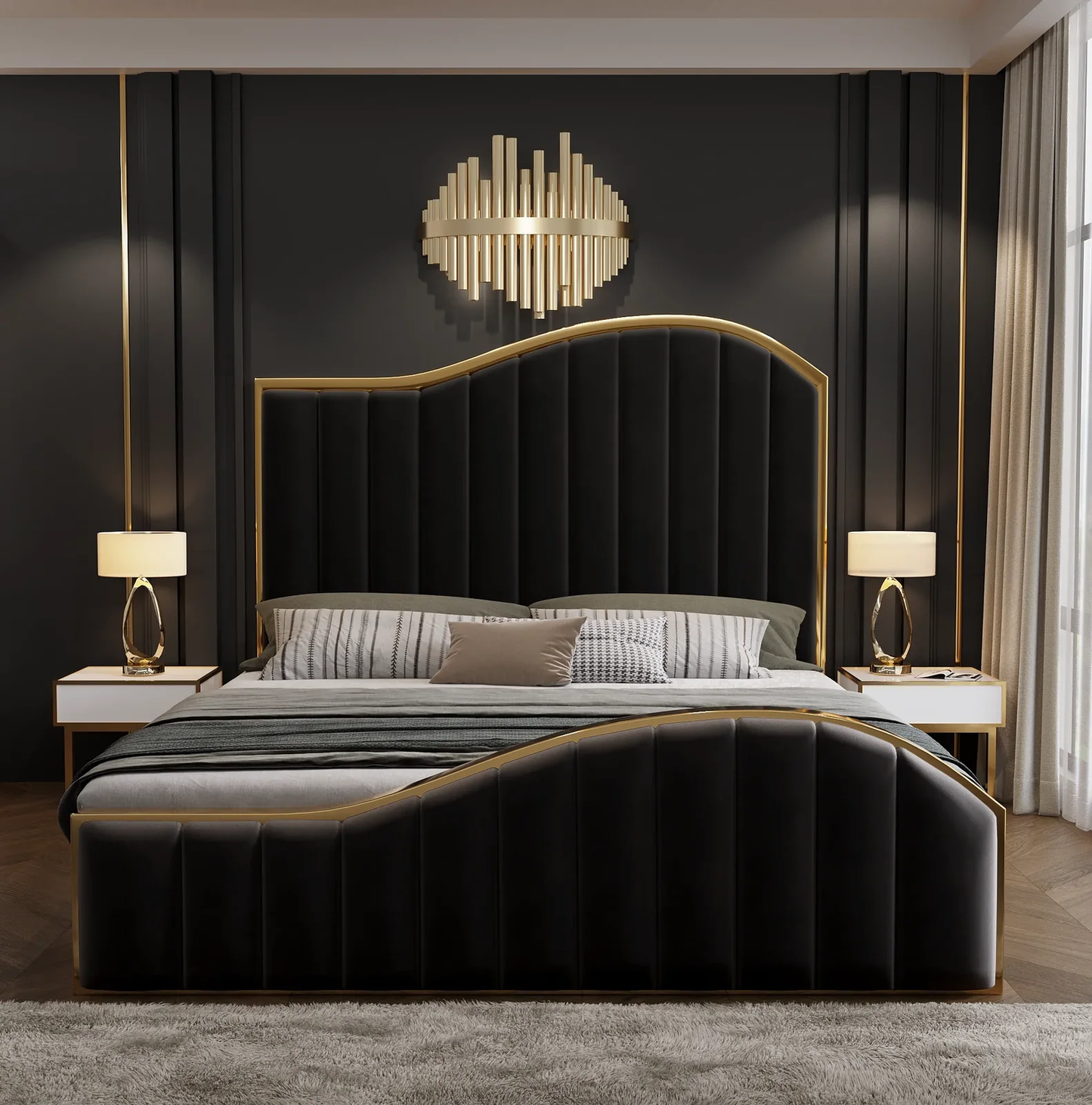 Queen Size Luxury Black Velvet Bed Frame with Golden Metal Trim and Storage