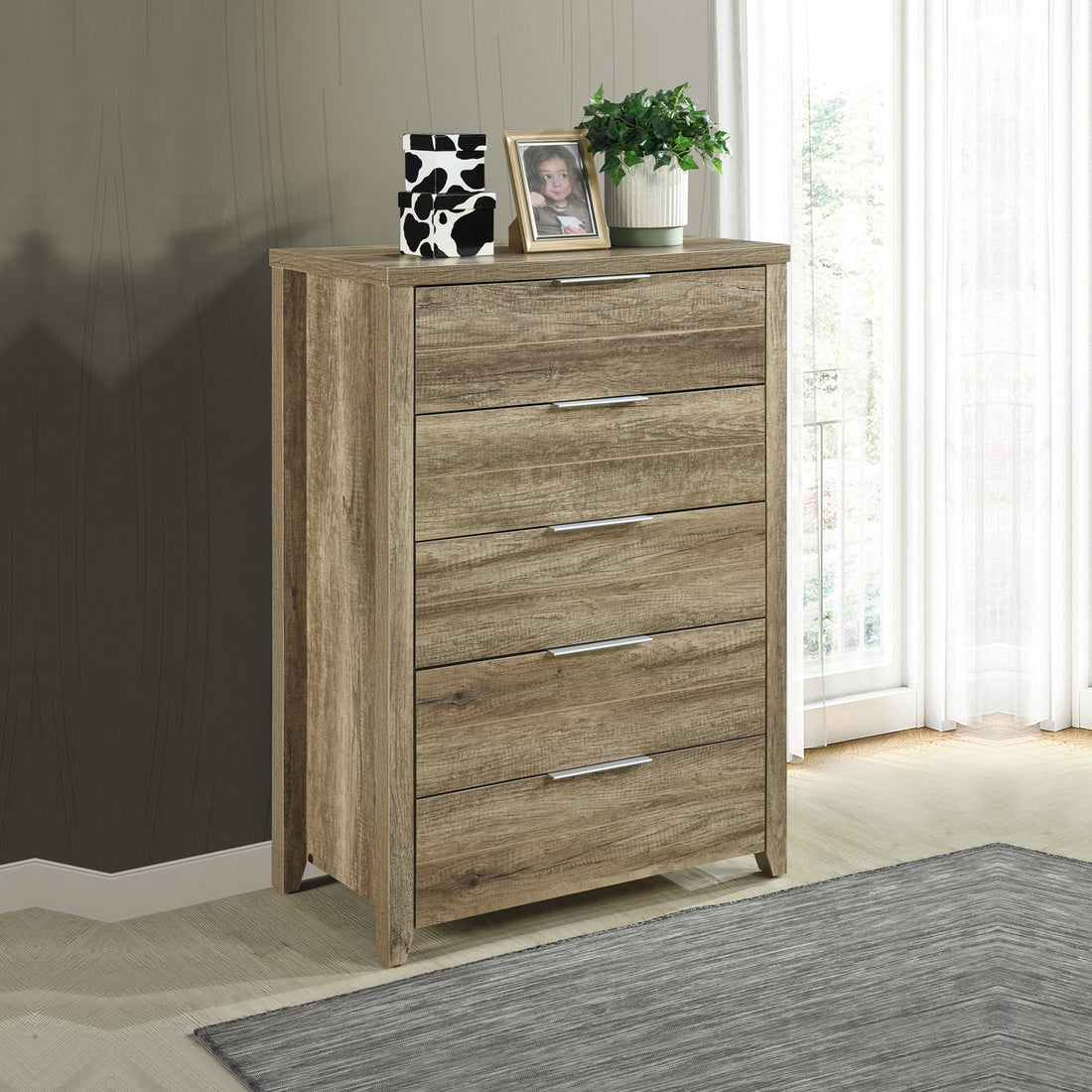 5 Pieces Bedroom Suite Natural Wood Like MDF Structure Queen Size Oak Colour Bed, Bedside Table, Tallboy & Dresser