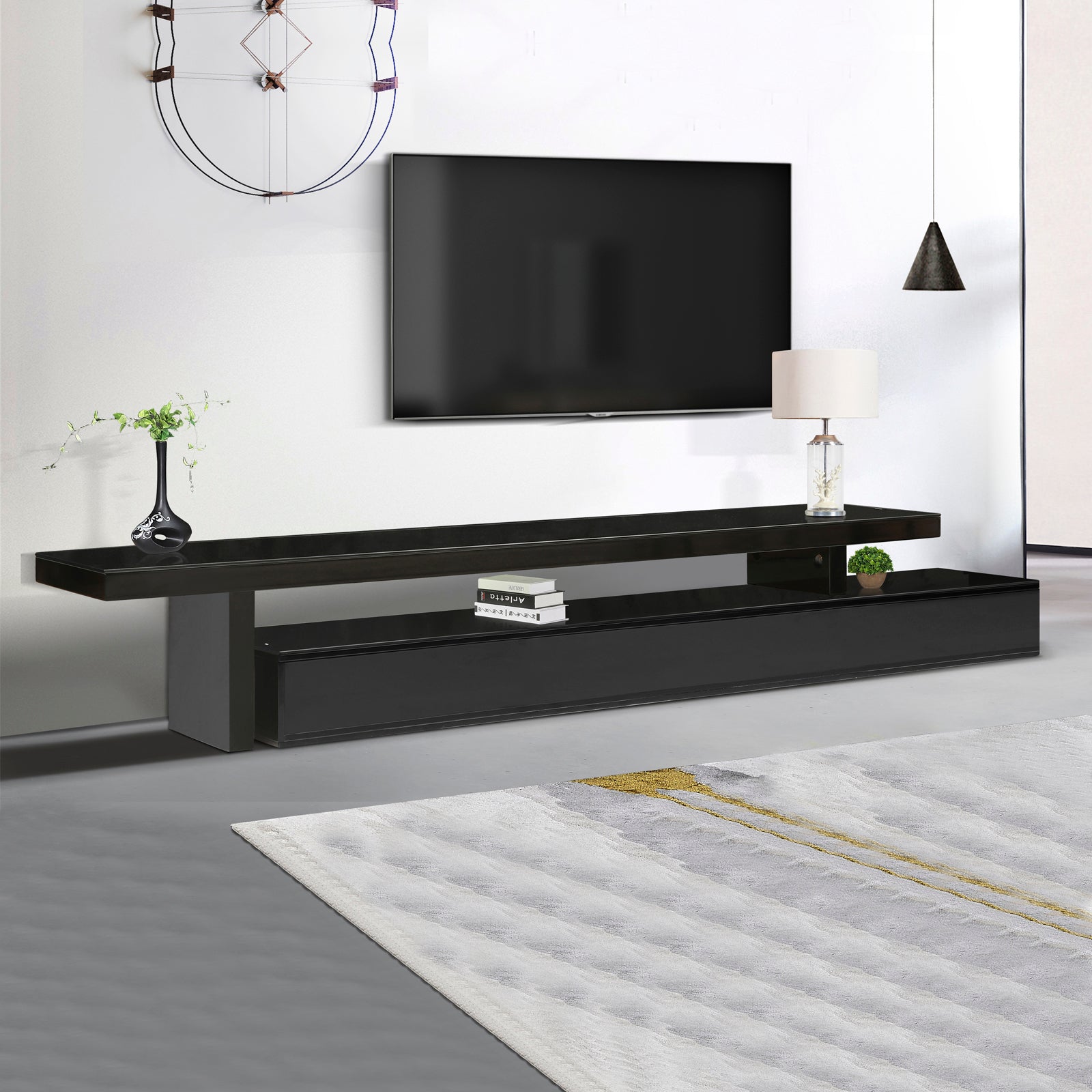 TV Cabinet with 3 Storage Drawers Extendable With Glossy MDF Entertainment Unit in Black Colour