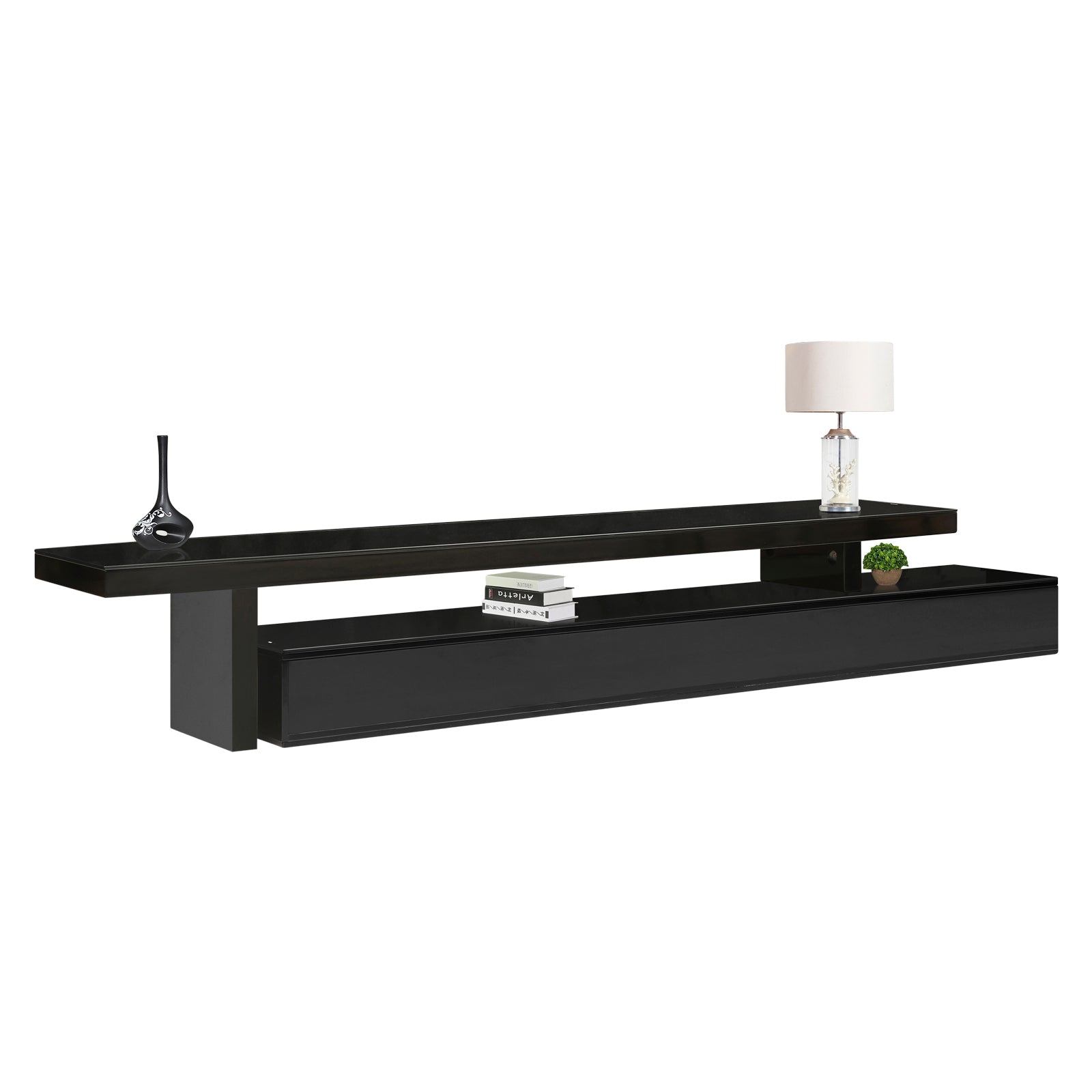 TV Cabinet with 3 Storage Drawers Extendable With Glossy MDF Entertainment Unit in Black Colour