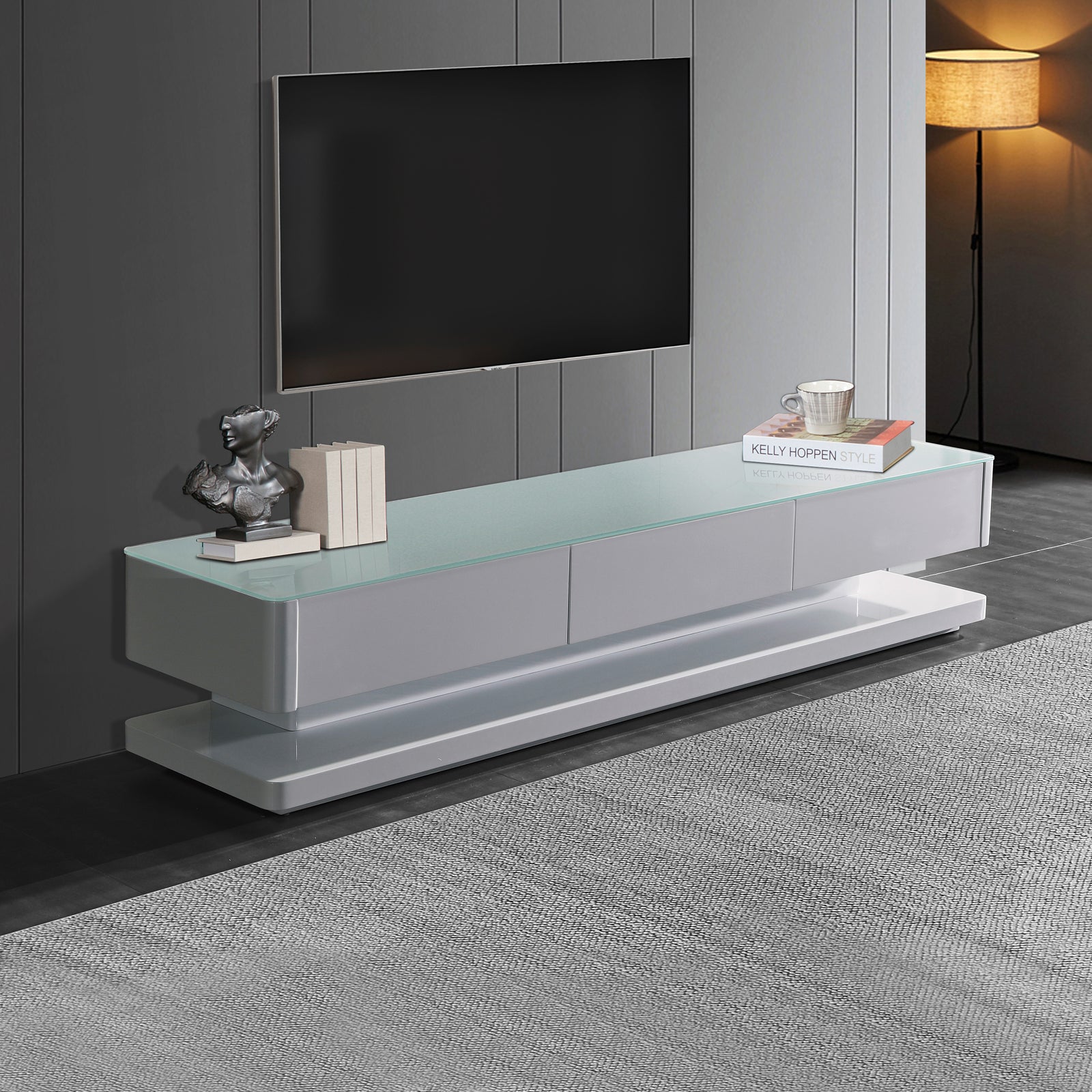 Suprilla Modern TV Cabinet – White High Gloss with Tempt Glass Top