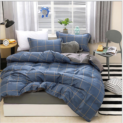 Blue Plaid Pattern Aloe Cotton Flat Sheet Quilt Cover Pillowcases 4pcs Bedding Set Duvet Doona Quilt Cover Set (Queen)