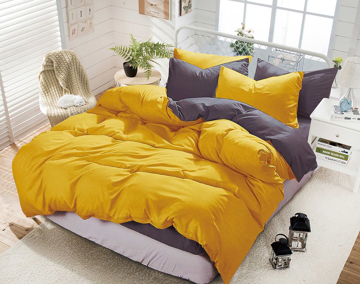 Reversible Super King Yellow and Grey Quilt Cover Set: "Reversible 1000TC super king duvet cover set in yellow and grey, crafted from premium polyester for ultimate softness and comfort, including one quilt cover and two pillowcases."