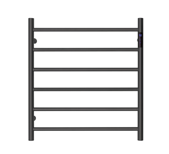 Matte Black Heated Towel Rack - 6 Bars, LED Control, Round Design (650x620mm)