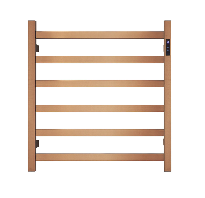 Brushed Rose Gold Heated Towel Rack - 6 Bars, LED Control, Square Design (650x620mm)