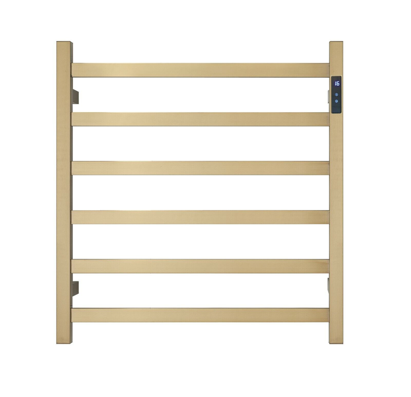 Brushed Gold Heated Towel Rack - 6 Bars, LED Control, AU Standard (650x620mm)