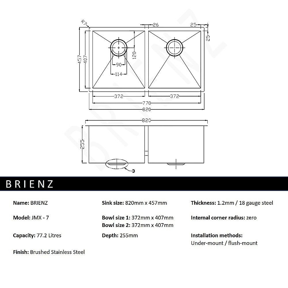 820x457mm Handmade 1.2mm Stainless Steel Undermount Topmount Kitchen Laundry Sink with Waste