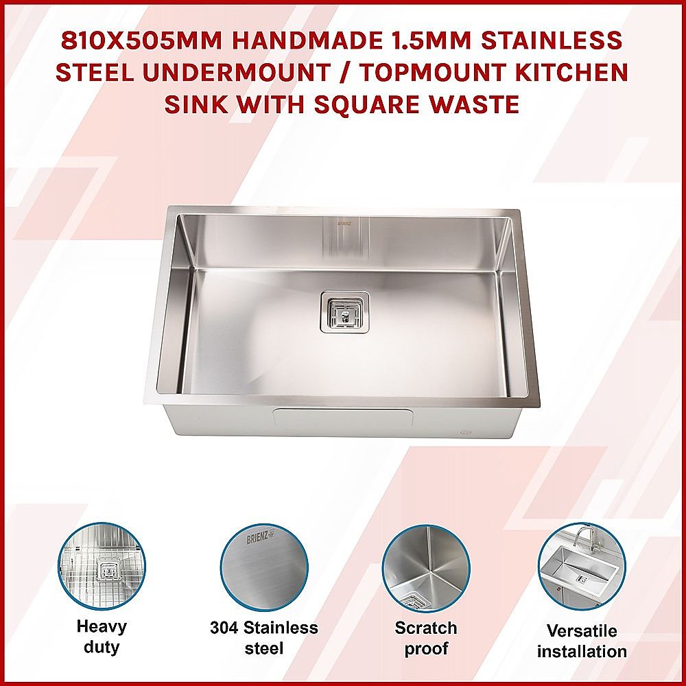 810x505mm Handmade 1.5mm Stainless Steel Kitchen Sink with Waste and Grid